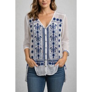 Johnny Was Sheer Button Front Embroidered Tunic Blouse Size Small Artisan Boho